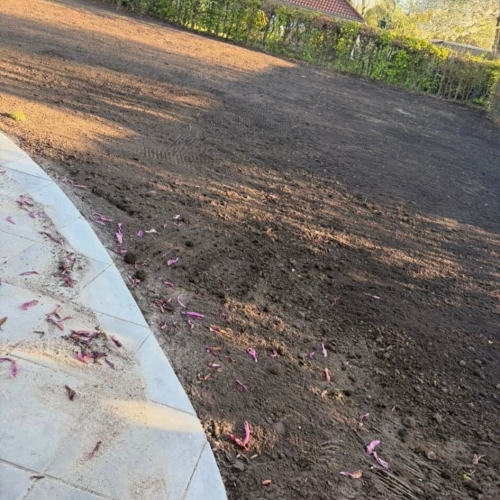 Haveanlæg i Ribe med planeret jord klar til såning af ny græsplæne.